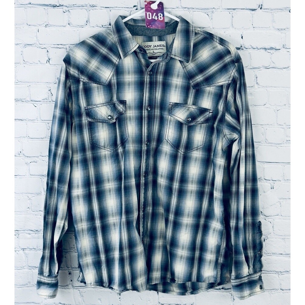 Cody James Navy/Blue/White Plaid Western Rodeo Long Sleeve Pearl Snap Sz Med